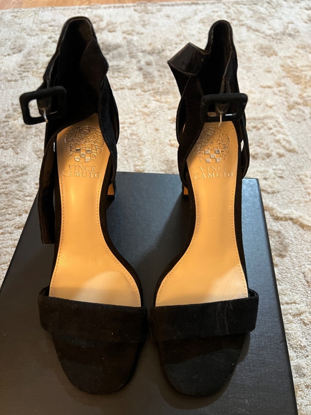 Vince Camuto Black Suede Open-Toe Ankle Strap Heels